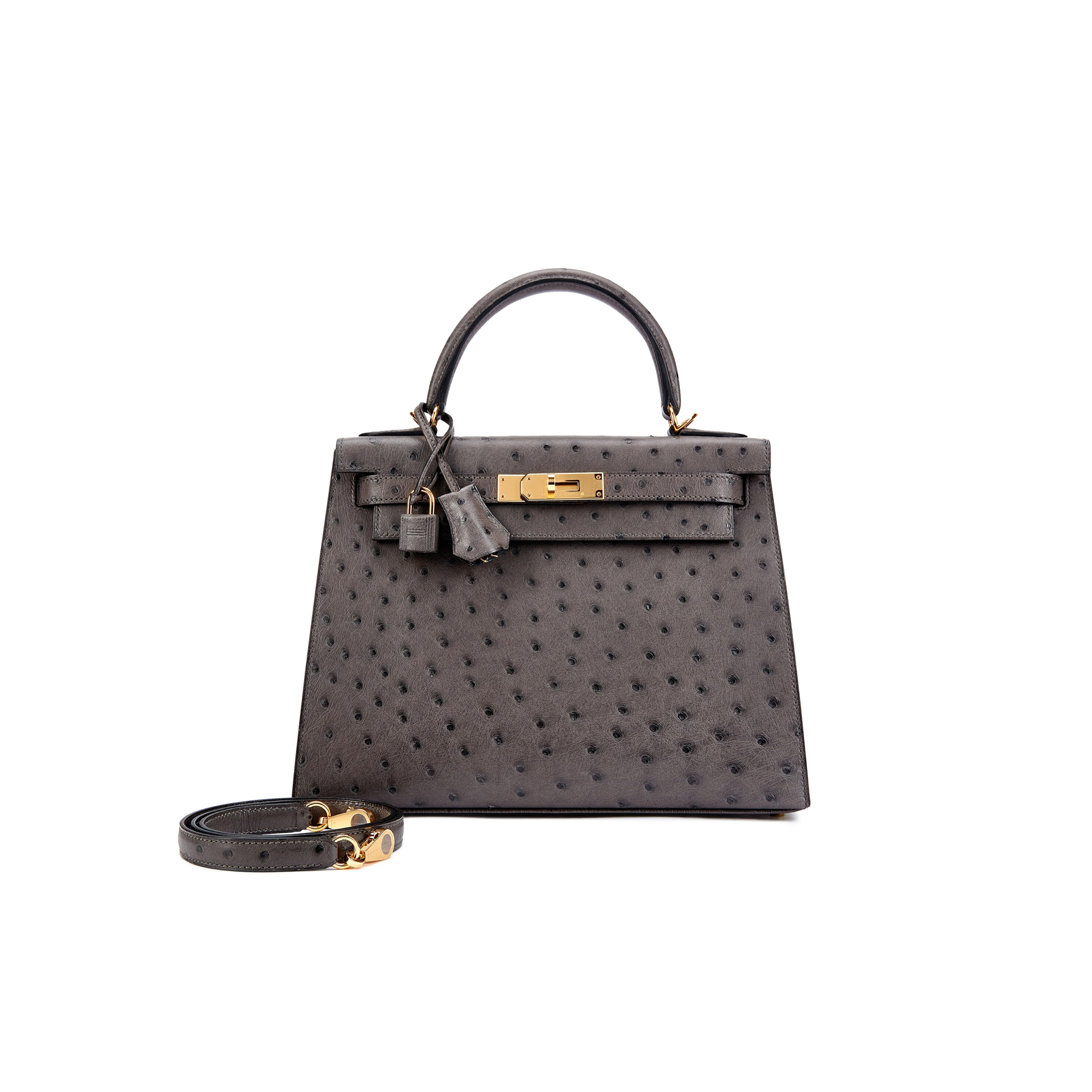 HERMÈS MASTER OSTRICH KELLY 25 PEWTER GREY GOLD BUCKLE (25*17*7cm)